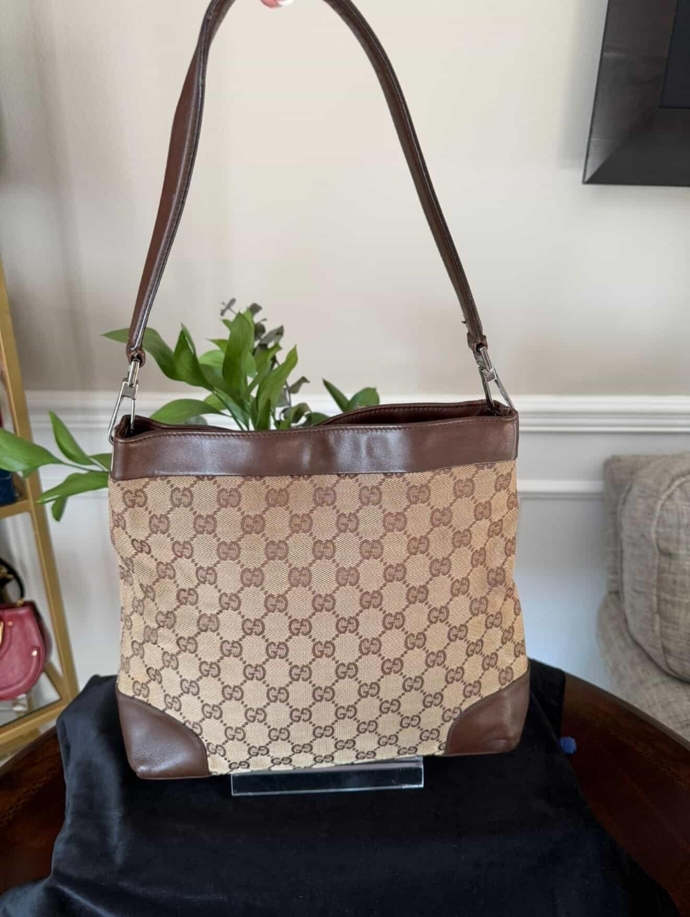 Gucci Vintage GG Canvas Brown Leather Shoulder Bag Hobo - Picture 2 of 14